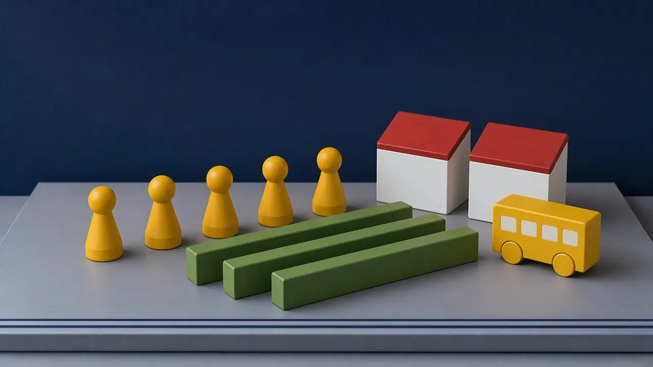 Fünf gelbe Spielfiguren an drei grünen Rebzeilen, dahinter zwei weiße Häuser mit roten Dächern und ein gelber Bus