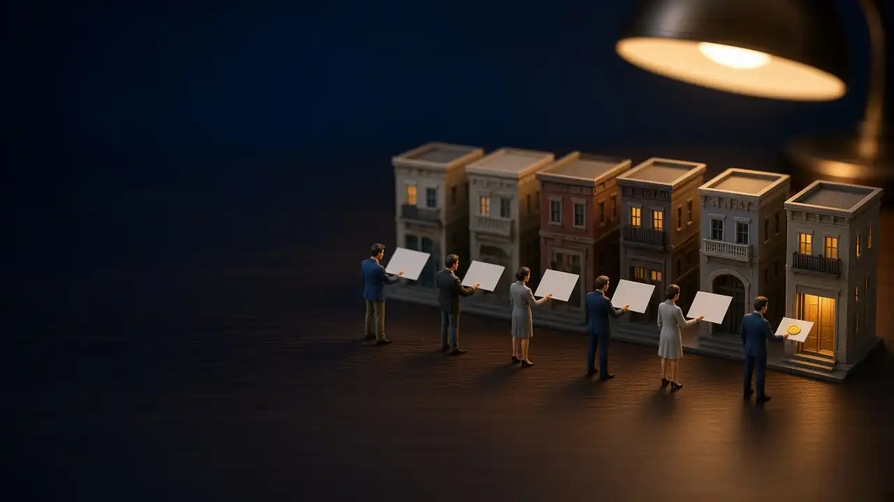Diorama im Maßstab 1:87 bei Nacht: Sechs kleine Hotelhäuser in einer Reihe. Vor fünf Häusern halten Figuren nur leere graue Karten hoch, vor dem sechsten, beleuchteten Haus übergibt eine Figur einen Umschlag mit gelbem Siegel.