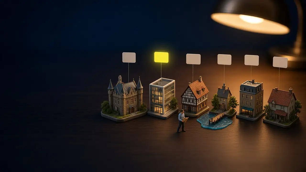 Sechs Modellhotels im Maßstab 1:87 stehen in einer Reihe auf einem nächtlichen Schreibtisch: ein Schlosshotel, ein Glasbau, ein Fachwerkhaus, ein Haus am See, ein Stadthotel und ein Landgasthof. Über jedem hängt ein leeres Preisschild, über dem Glasbau leuchtet es gelb. Eine kleine Figur mit Klemmbrett geht die Reihe ab.