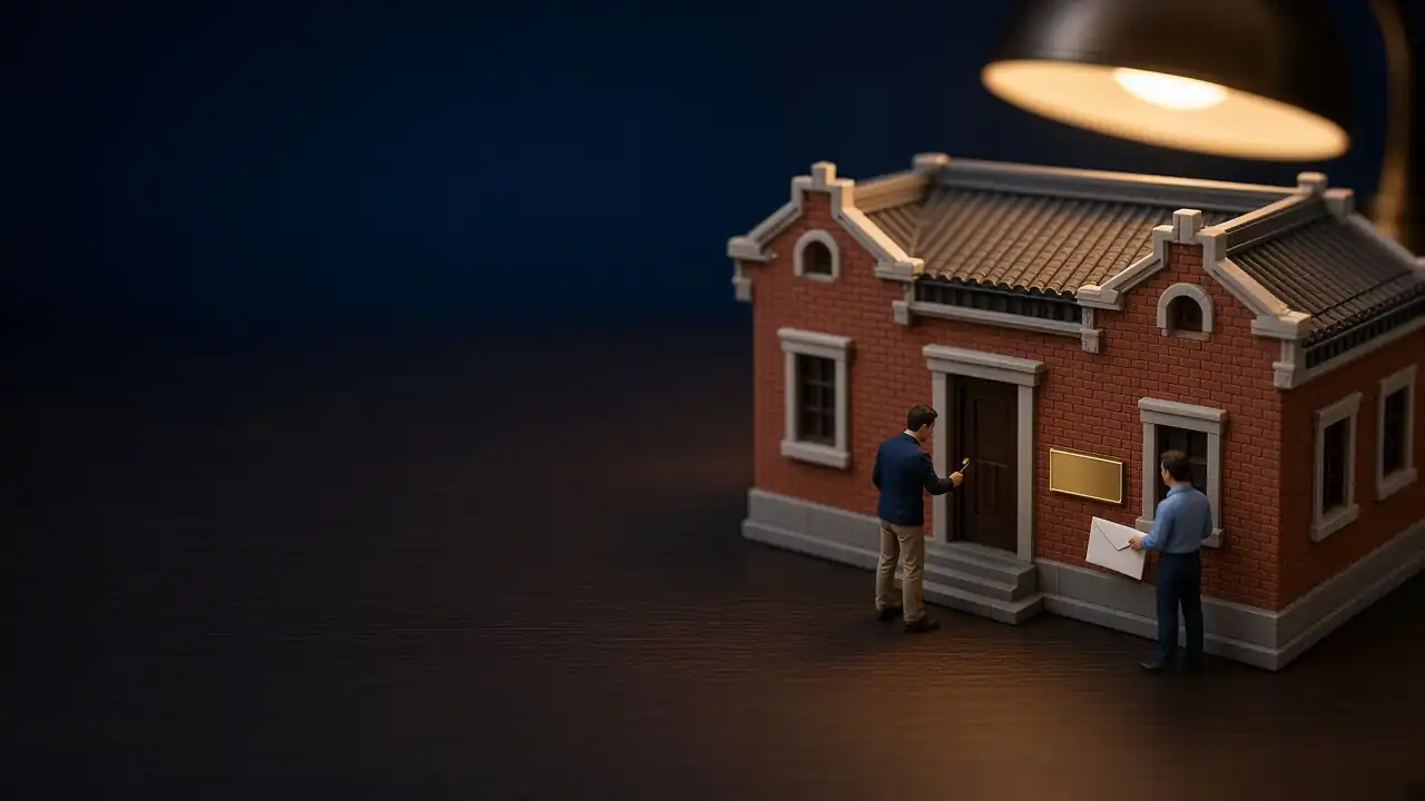 Diorama im Maßstab 1:87 auf einem Schreibtisch bei Nacht: Vor einem kleinen Backsteinhaus prüft eine Figur das leere Messingschild neben der Tür, eine zweite bringt einen Brief.