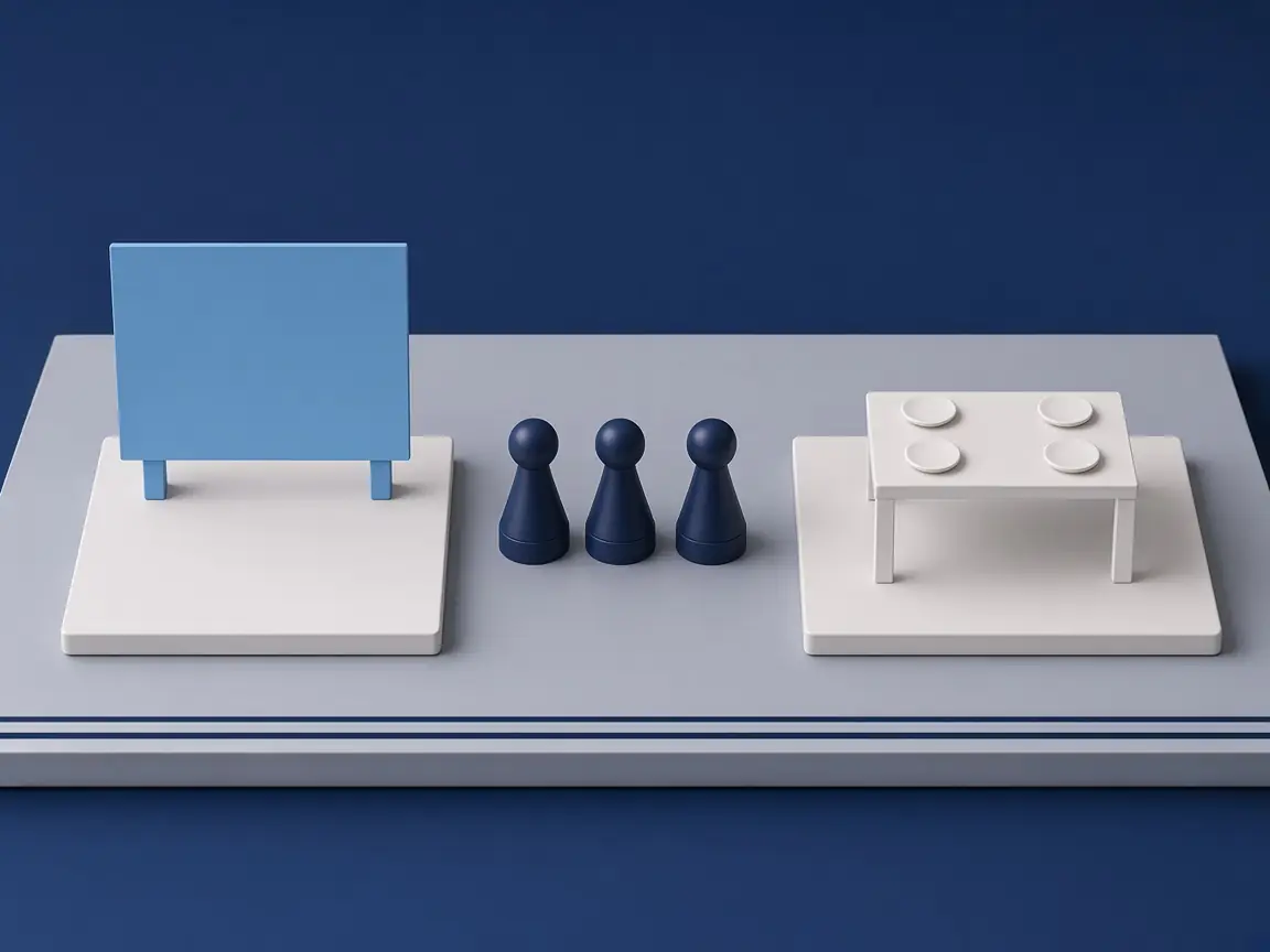 Links eine Plattform mit himmelblauer Tafel, rechts eine Plattform mit weißem Tisch und vier Tellern, dazwischen drei Spielfiguren in Navy