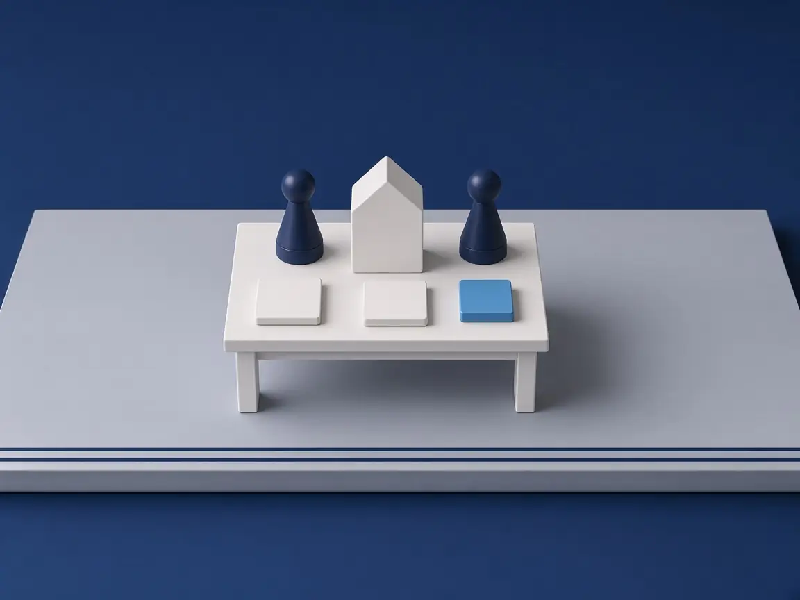 Zwei Spielfiguren in Navy auf einem weißen Schreibtisch mit einem kleinen weißen Haus zwischen sich, daneben zwei leere weiße Karten und eine himmelblaue Karte