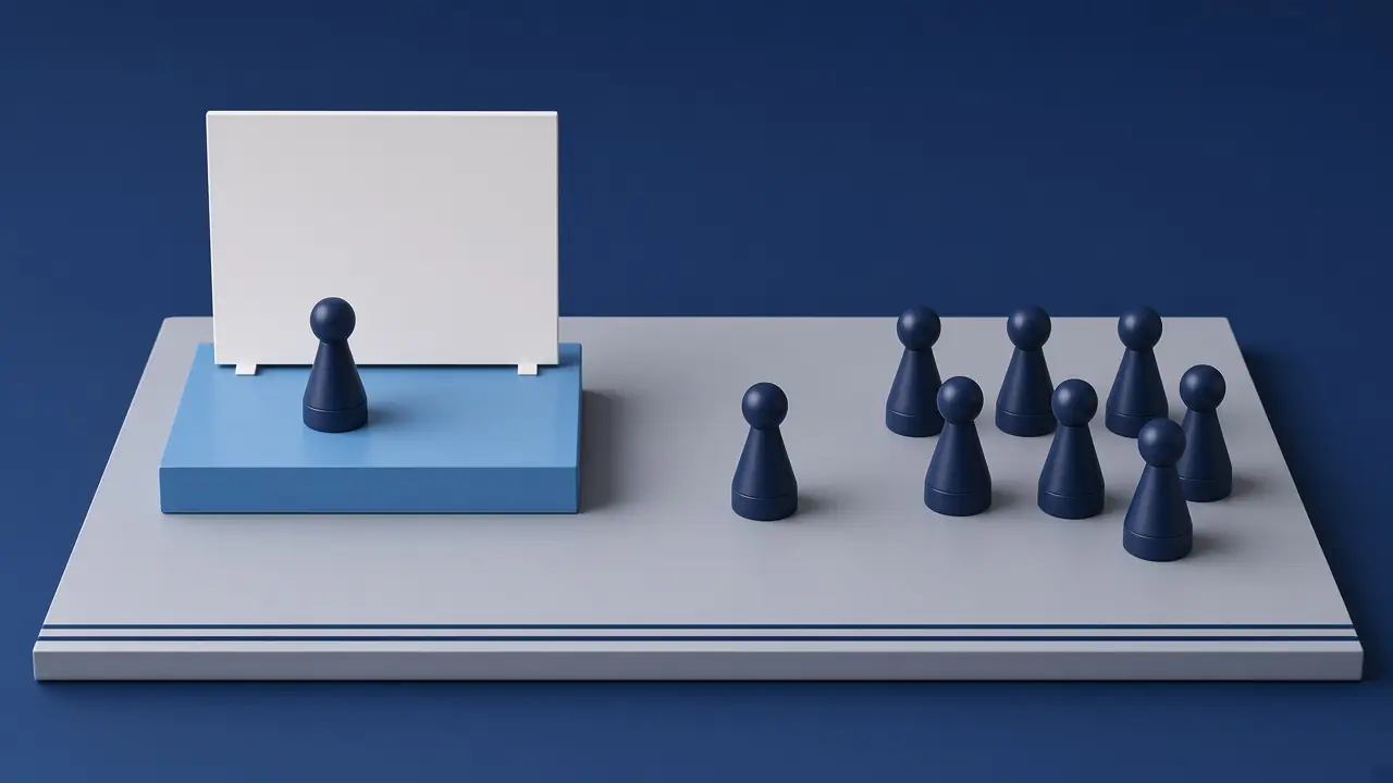Eine Spielfigur in Navy auf einer himmelblauen Bühne vor einer weißen Tafel, davor acht Figuren in Navy im Publikum
