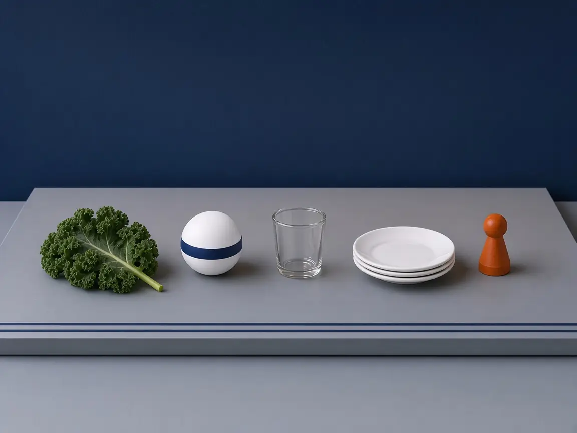 Grünkohl, eine weiße Kugel mit blauem Band, ein leeres Glas, ein Tellerstapel und eine orangefarbene Spielfigur