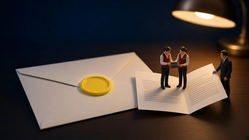 Diorama im Maßstab 1:87: Ein großer weißer Briefumschlag mit einem gelben Siegel ohne Prägung liegt auf dem Schreibtisch. Daneben lesen zwei Figuren in Hoteluniform eine aufgeklappte Karte, ein Mann im Anzug legt die Hand auf den verschlossenen Umschlag.