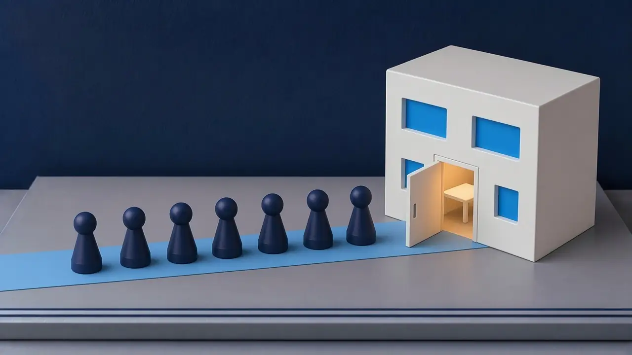 Sieben Spielfiguren in Navy auf einem himmelblauen Weg zu einem weißen Hotel, durch die offene Tür ist ein Tisch zu sehen