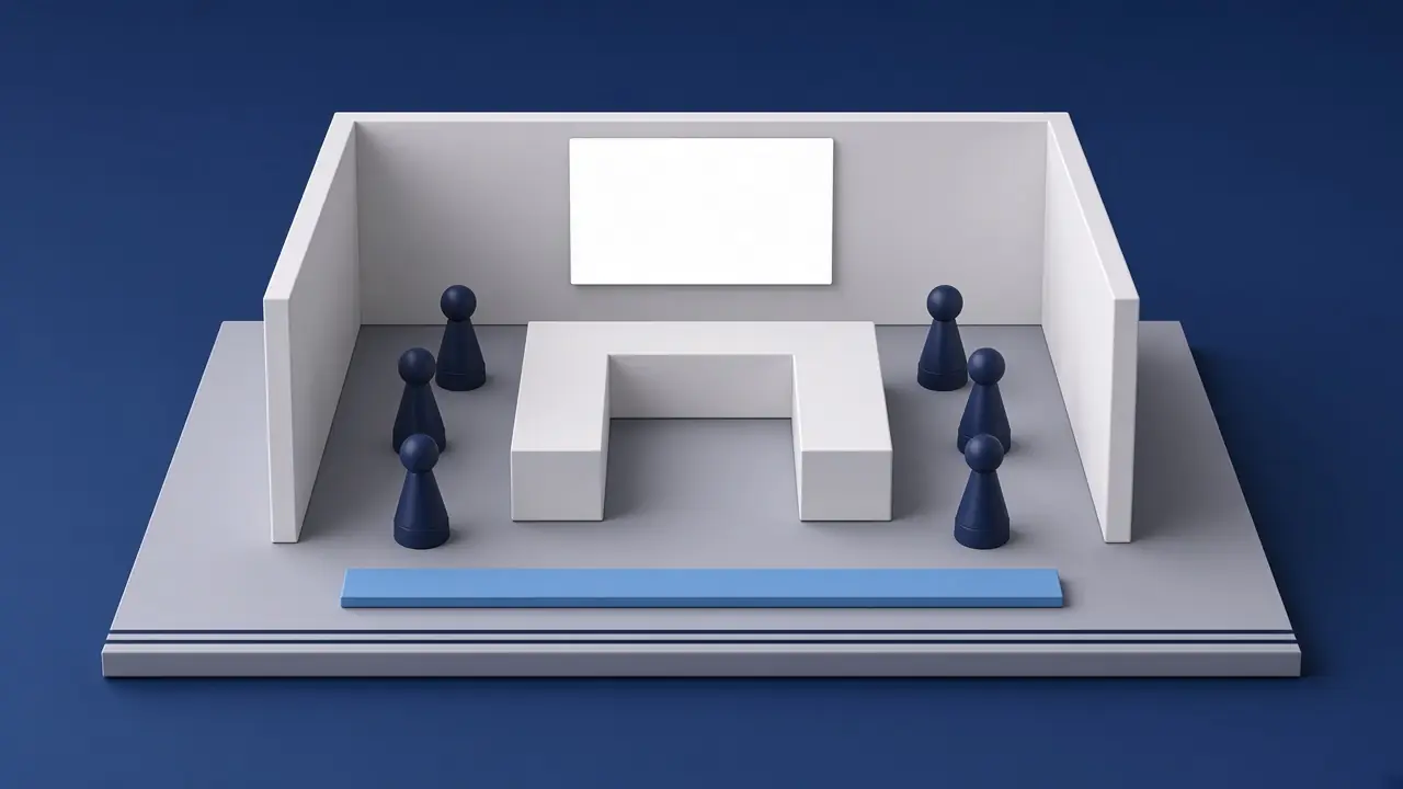 Offener weißer Raum mit Tisch in U-Form und leerer Leinwand an der Rückwand, darin sechs Spielfiguren in Navy, vorn ein himmelblauer Streifen