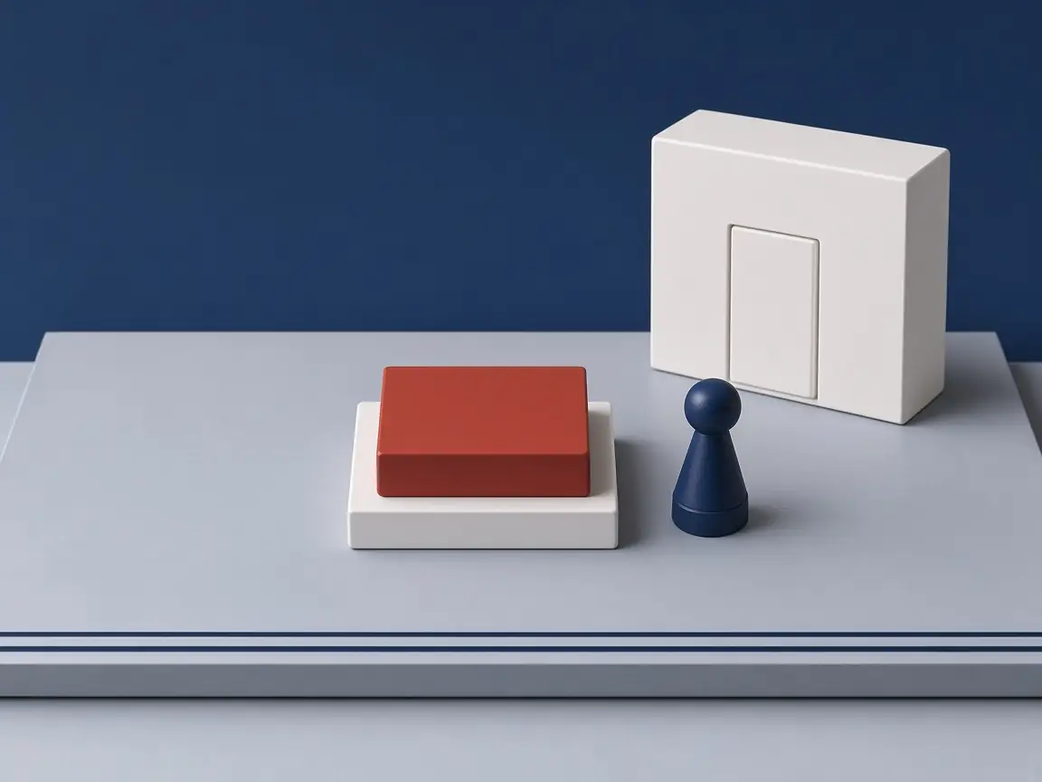 Ein roter Block liegt auf einem flachen weißen Block, daneben eine Spielfigur, dahinter ein geschlossenes Hotel