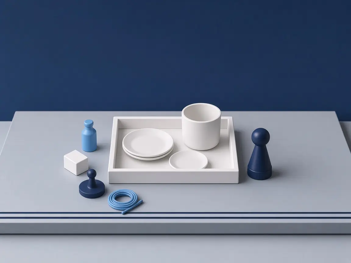 Ein weißes Tablett mit Tellern und einer Tasse, daneben eine hellblaue Flasche, ein weißer Würfel, ein kleiner Ständer und eine Kabelrolle, rechts eine Spielfigur