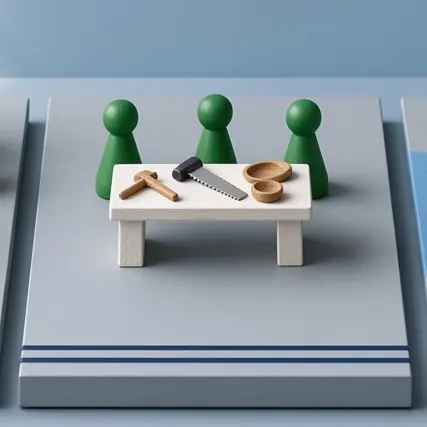 Grüne Holzfiguren an einer weißen Werkbank mit kleinen Werkzeugen