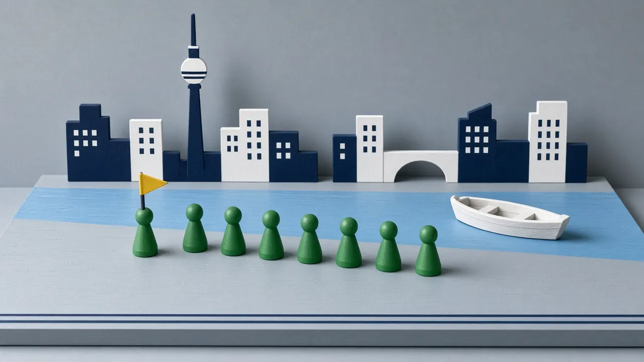 Grüne Holzfiguren am Spreeufer vor Fernsehturm und Brücke