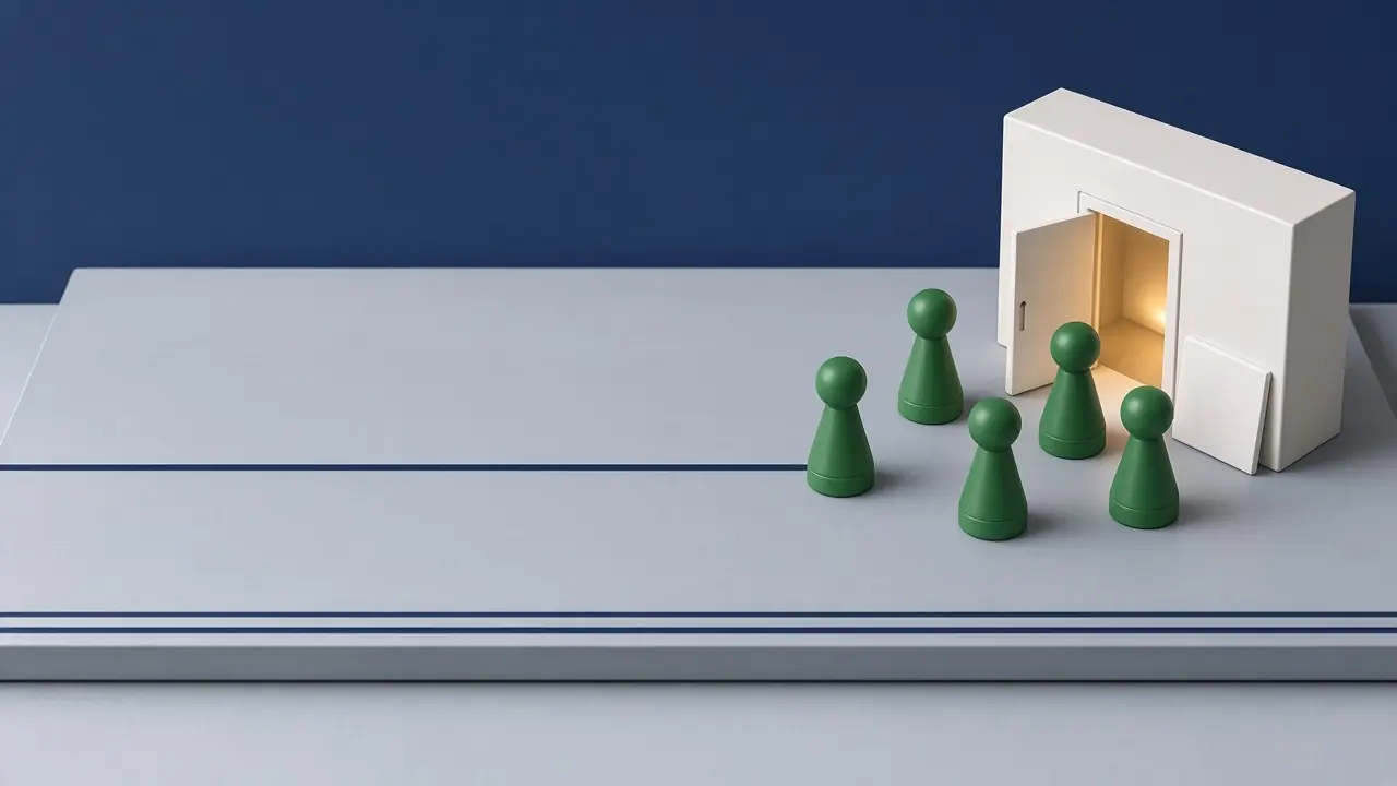 Fünf grüne Spielfiguren sind am offenen Hotel angekommen