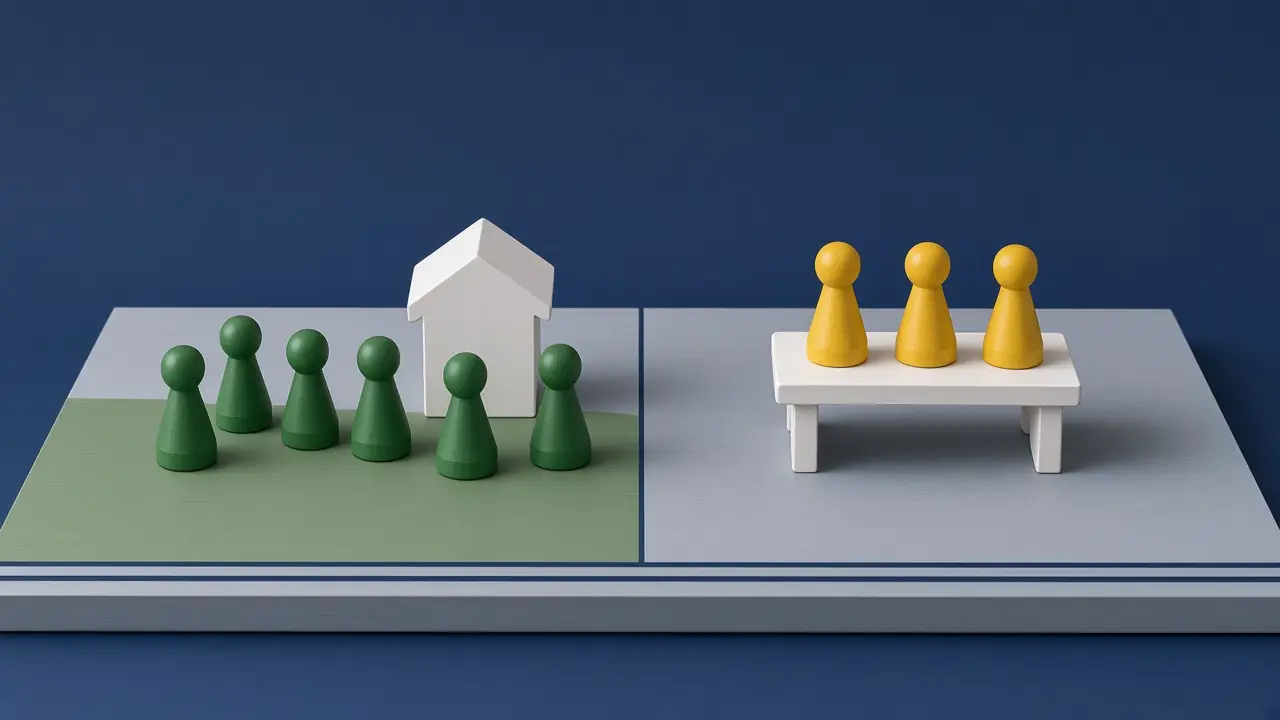 Links sechs grüne Spielfiguren auf einer Wiese neben einem Haus, rechts drei gelbe Figuren an einem Arbeitstisch