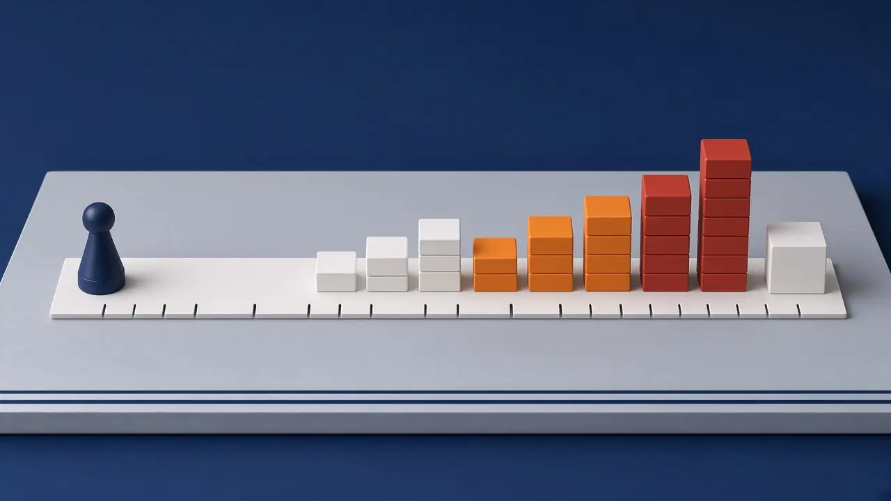 Eine Leiste mit Blöcken, die zum Ende hin höher werden, erst weiß, dann orange, dann rot; links eine Spielfigur, rechts ein weißer Block