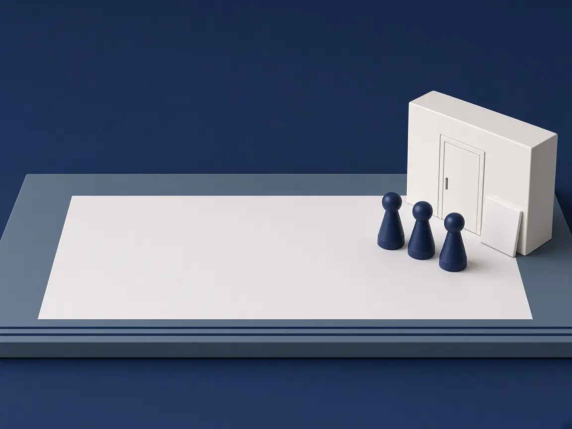 Ein geschlossenes weißes Hotel, an der Tür lehnt ein leeres Schild, davor drei Spielfiguren