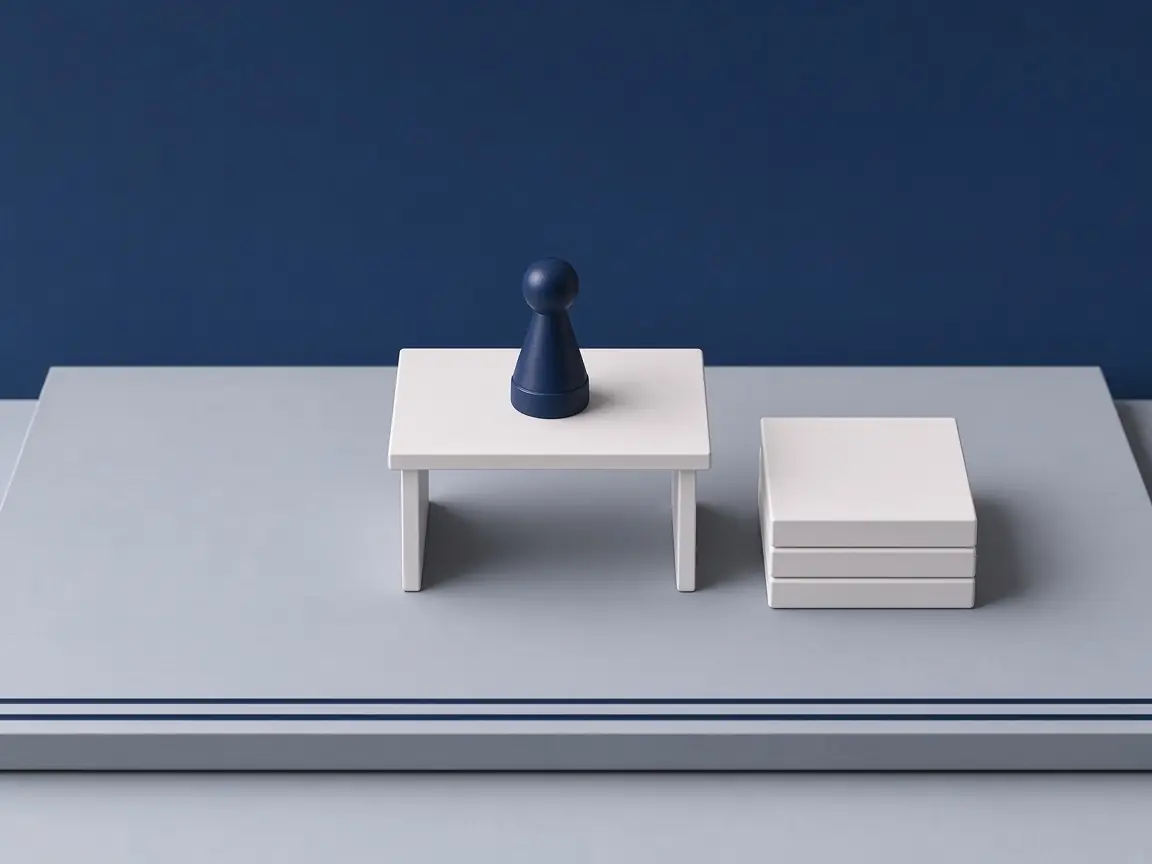 Eine Spielfigur steht auf einem kleinen weißen Schreibtisch neben einem Stapel weißer Blöcke