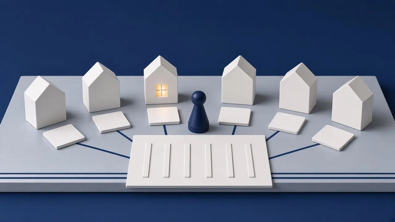 Sechs Häuser, ihre Angebotskarten laufen auf einem gemeinsamen Blatt zusammen, im dritten Haus brennt Licht