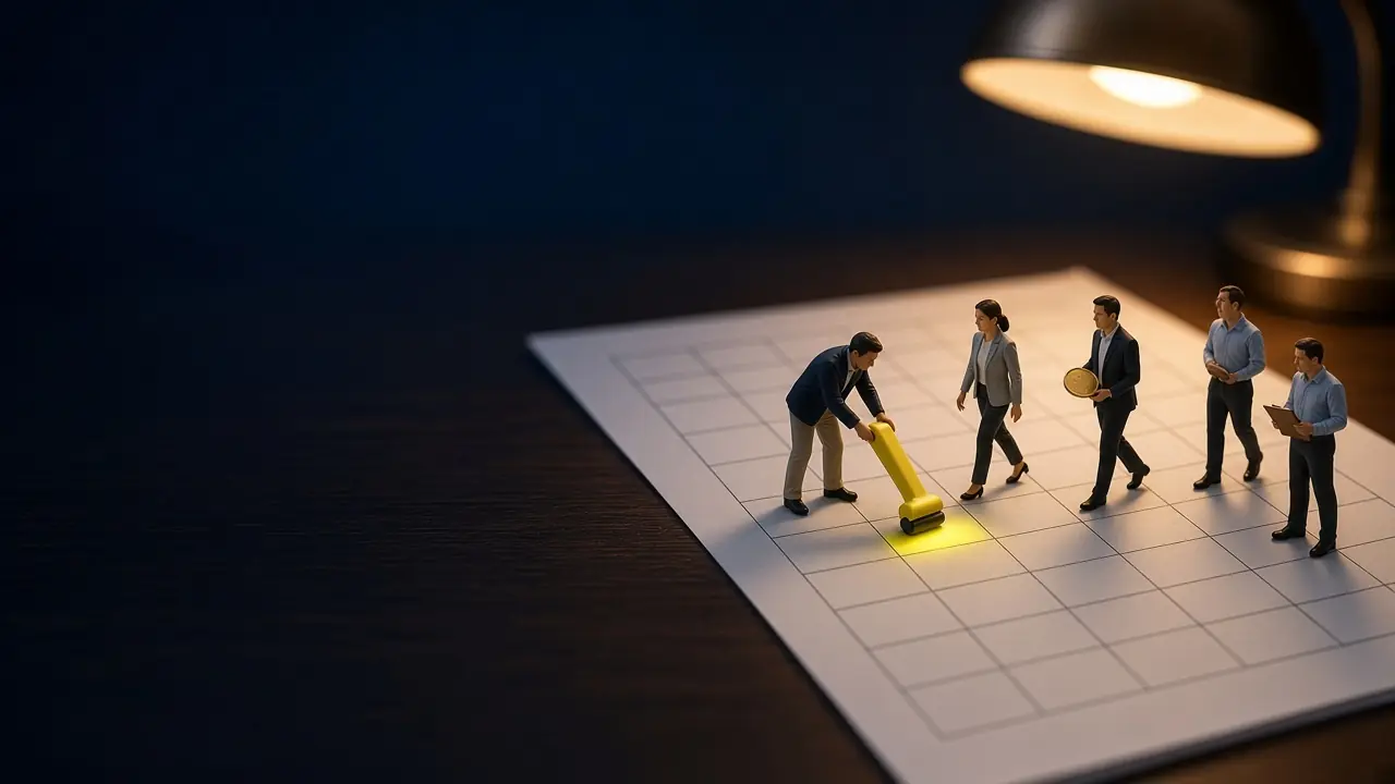 Diorama im Maßstab 1:87 bei Nacht: Figuren gehen über eine große gedruckte Tabelle mit sechs Spalten, eine rollt einen gelben Textmarker über eine Zelle, die gelb leuchtet.