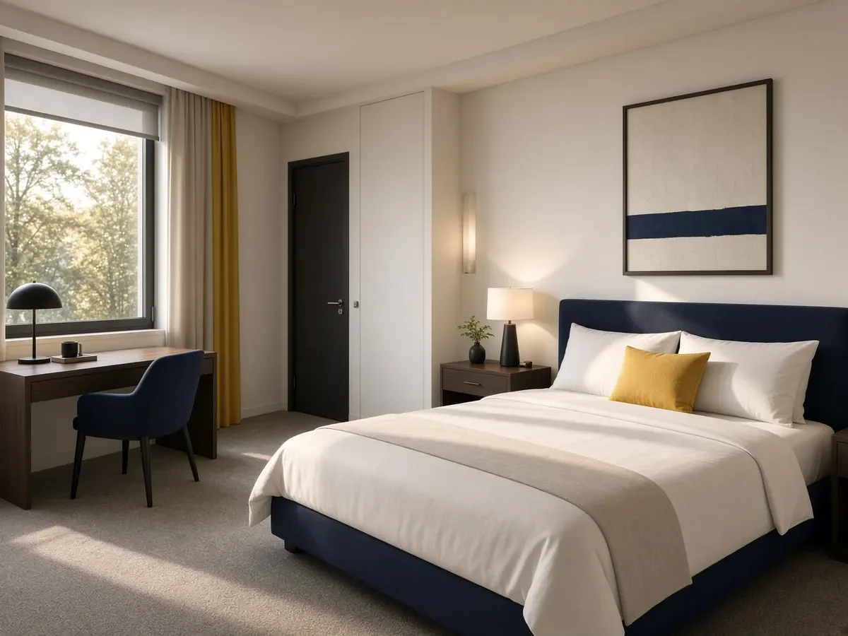 Hotelzimmer mit marinefarbenem Bett und gelbem Kissen.