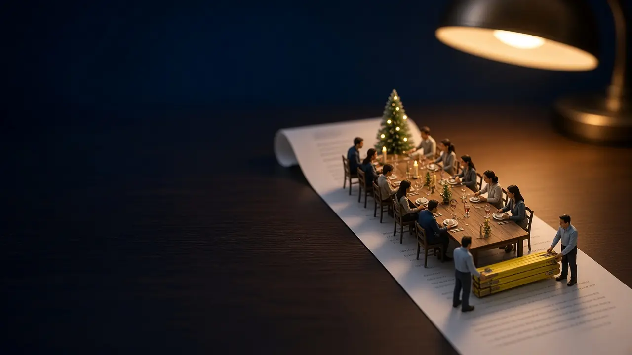Modellfiguren im Maßstab 1:87 feiern nachts an einer langen Weihnachtstafel mit Kerzen und kleinem Tannenbaum. Der Tisch steht auf einem langen, leeren Kassenbon, der sich über einen dunkelblauen Schreibtisch zieht; vorn hantieren zwei Figuren mit einem gelben Zollstock. Oben rechts leuchtet eine Schreibtischlampe.