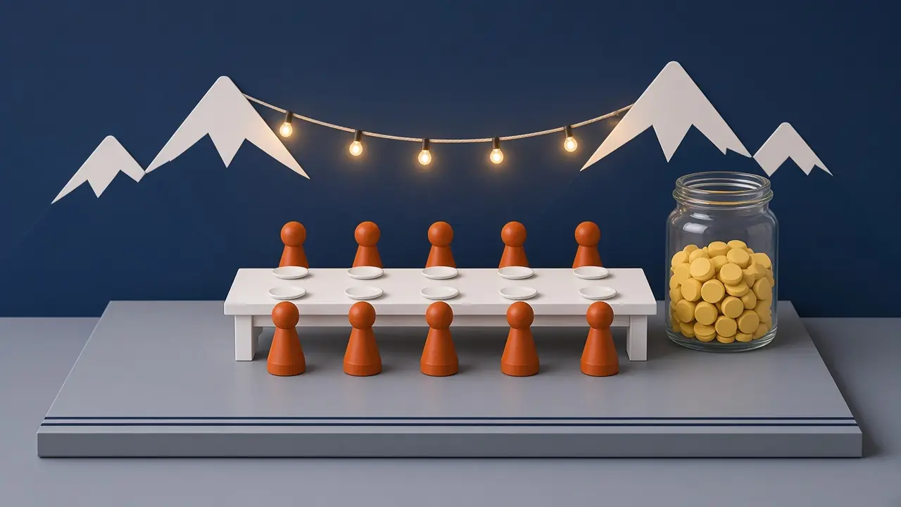 Lange weiße Festtafel mit orangefarbenen Spielfiguren, daneben ein Glas mit gelben Scheiben für den Jahresbetrag