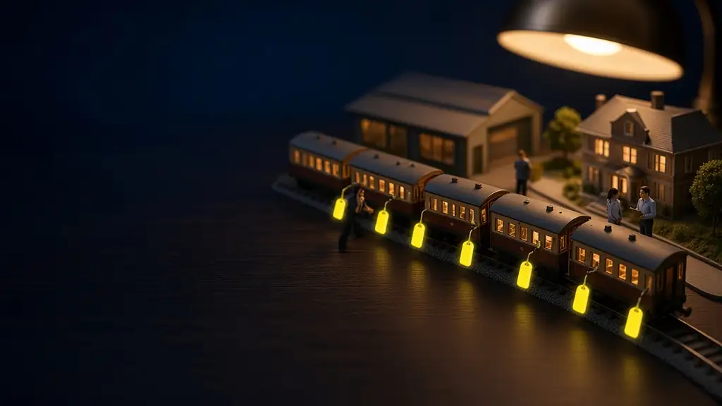 Modelleisenbahn im Maßstab 1:87 bei Nacht: eine Reihe angekoppelter Personenwagen vor einem kleinen Hotel und einem Lokschuppen, an jedem Wagen hängt ein leuchtend gelbes Schild ohne Aufschrift.